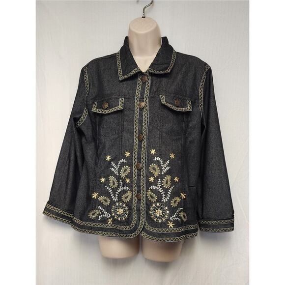 Analogy Embrodery Long Sleeve Denim Jacket Women Size XL Multicolor Black - Picture 2 of 7